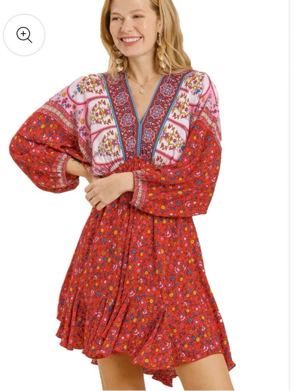 Umgee Vibrant Red Floral V-Neck Mini Dress
